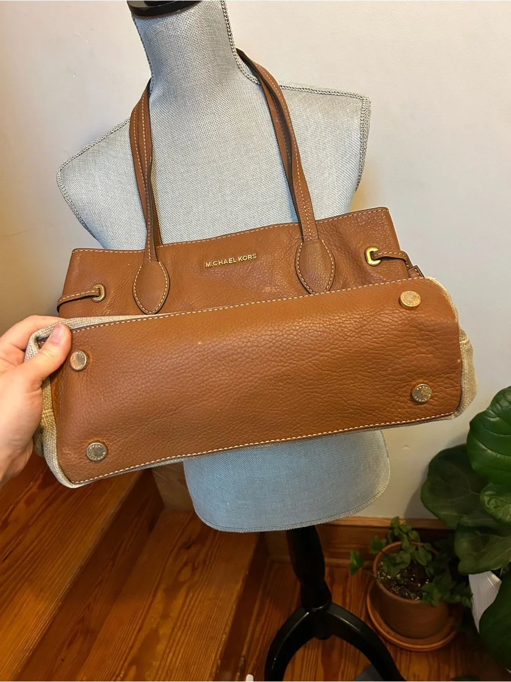 Michael Kors Brown Leather & Beige Canvas Tote